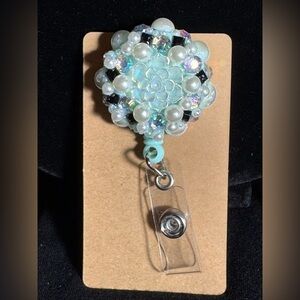 Up cycled Pearl Opalescent Rose Rhinestone Badge Holder Reel Holder